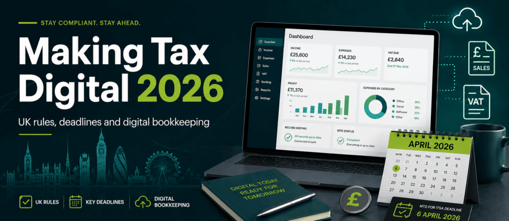 Making Tax Digital 2026 guide for UK sole traders and landlords with Xero bookkeeping dashboard and April 2026 deadline