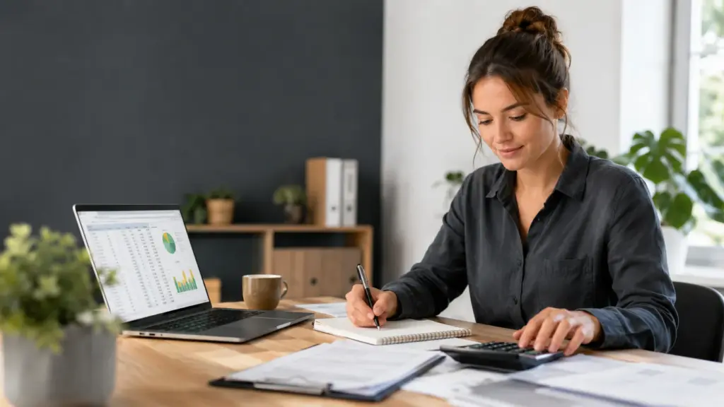 Woman learning bookkeeping while reviewing financial records, spreadsheets and calculations on a laptop